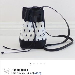 Cute Black and White Canvas + Vegan Leather Drawstring Crossbody Bag, Etsy